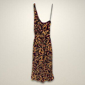 Nicole Miller Maxi Dress One-Shoulder‎ Tie Waist Burgundy/Yellow/Black W 14 NWT